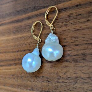 Pearl Drop Baroque Fireball Pearl Gold Earrings New